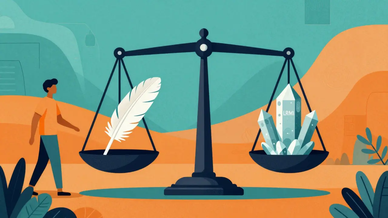 Stylized weighing scale balancing a feather and a crystal, symbolizing the trade-off between speed and accuracy.