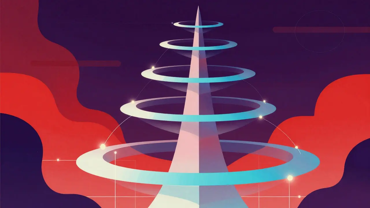 Surreal poster of an infinite neural tower with expanding rings and nodes.