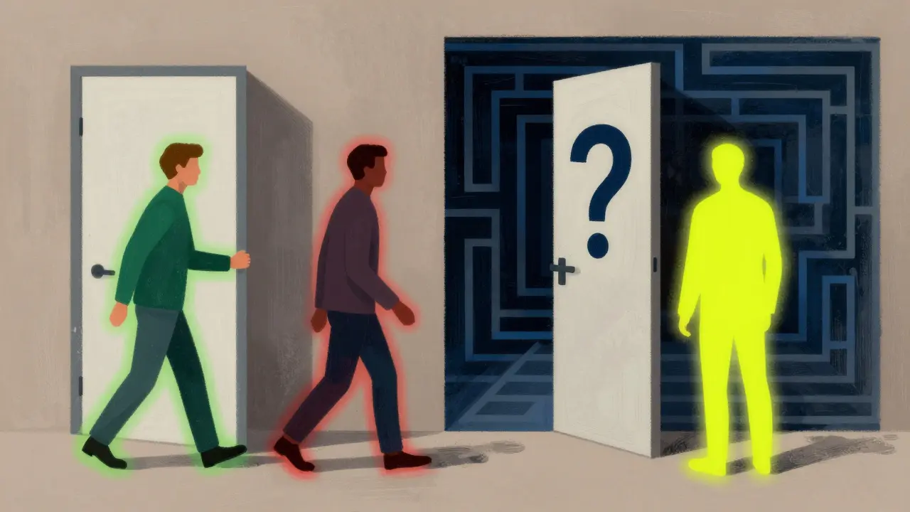 Three figures at a gate: one passes, one blocked, one enters a maze for review.