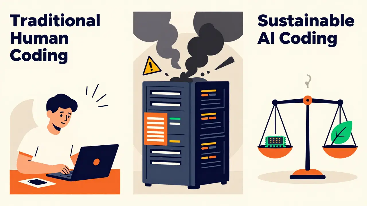 Three-panel comparison poster showing low-emission human coding, high-emission AI servers, and balanced sustainable AI, using bold geometric shapes and colors.