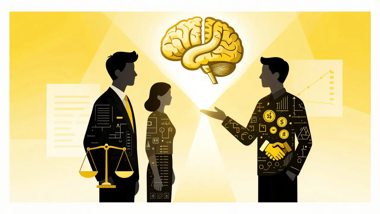 Three stylized figures representing legal, data, and procurement teams