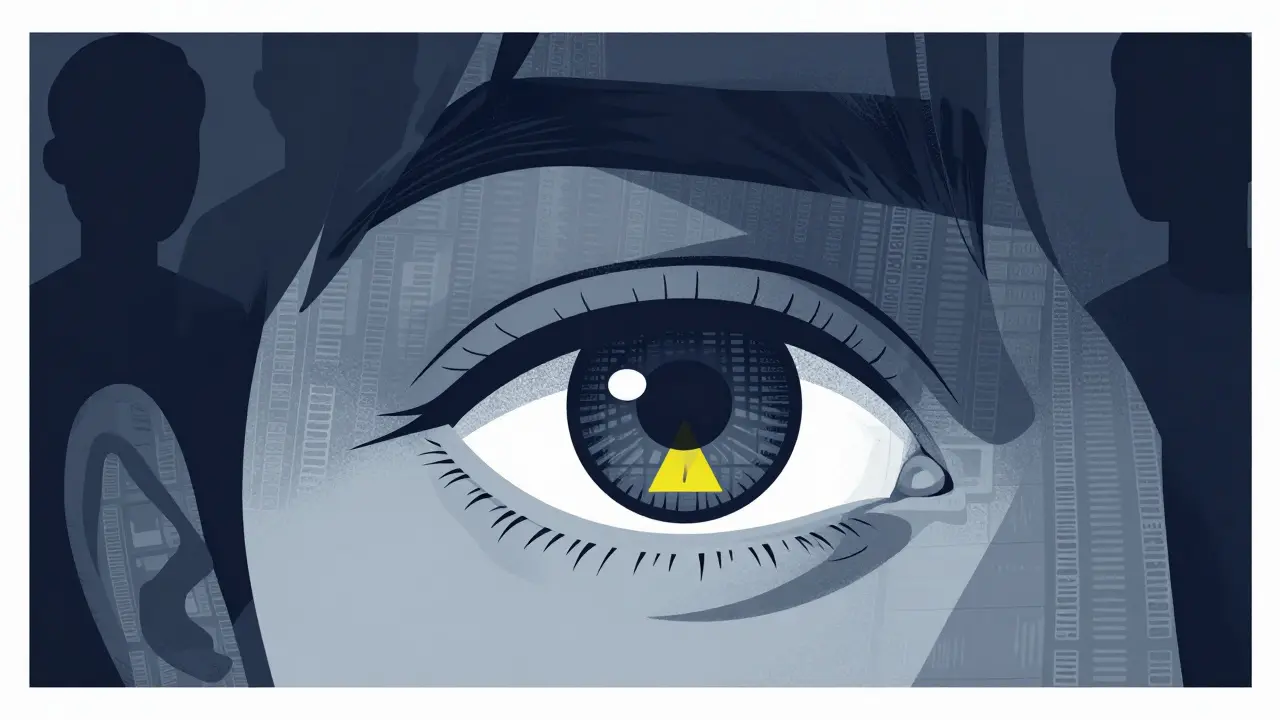 Tired eye reflecting repetitive patterns, symbolizing reviewer fatigue and bias.