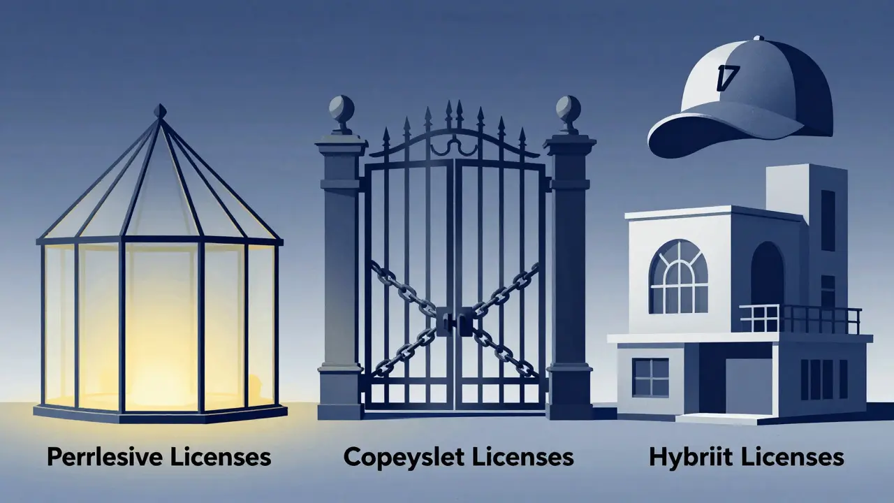 Abstract buildings representing permissive, copyleft, and hybrid AI licenses