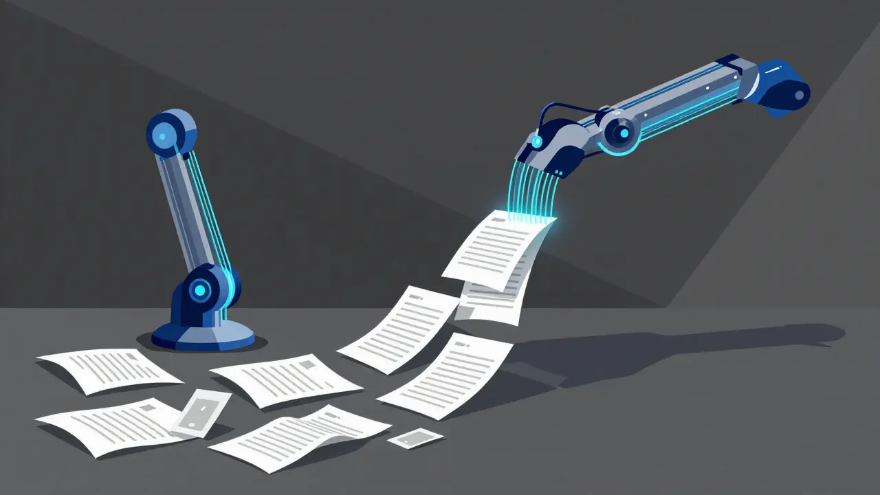 Abstract digital filter sorting papers in vibrant blue and grey tones