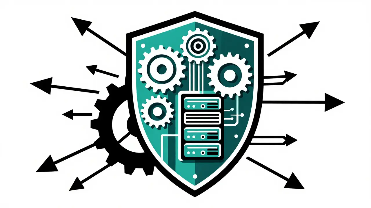 Abstract shield protecting a server from stylized attack arrows