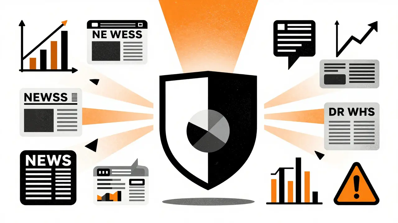 Abstract shield surrounded by organized risk indicators in bold graphic style