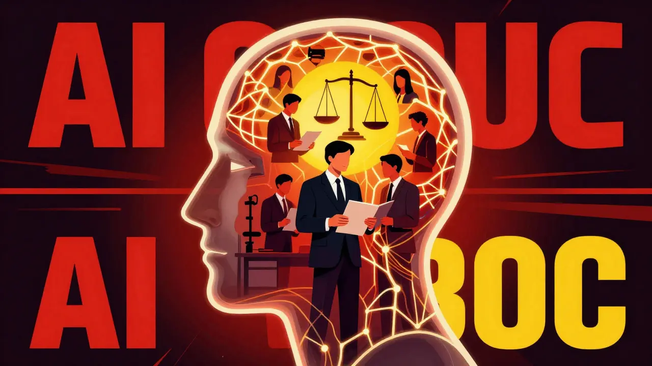 Conceptual art of AI governance with regulators inside a neural network mind, Polish poster style.