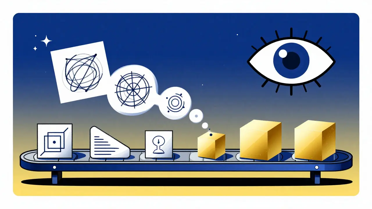 Conveyor belt transforming data into gold, illustrating AI optimization.