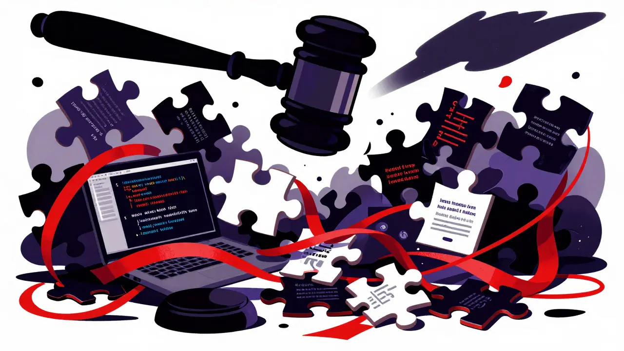 Developer tangled in red tape and puzzle pieces, facing legal shadows