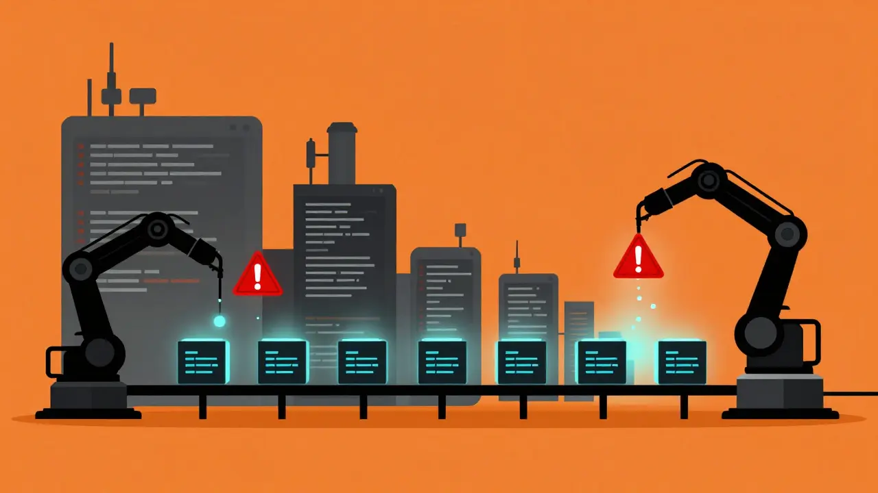 Factory assembly line filtering out red warning signs from code
