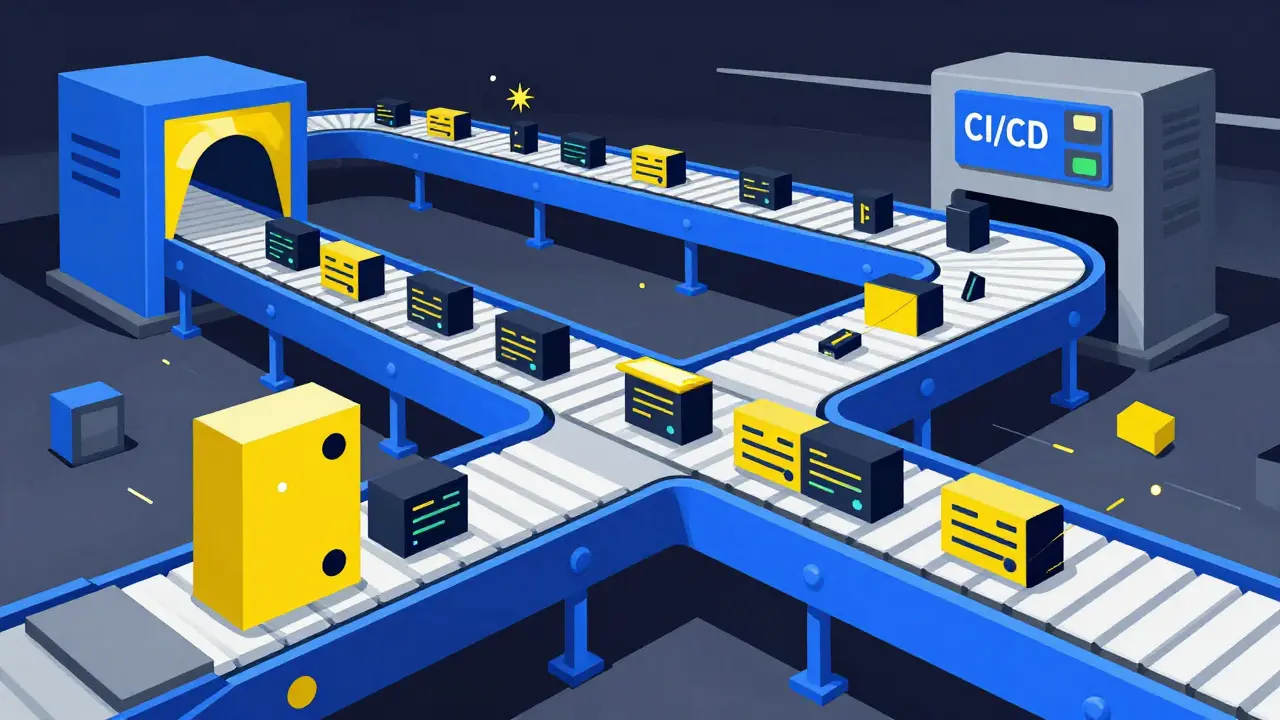 Futuristic conveyor belt catching code errors in dynamic Polish poster illustration
