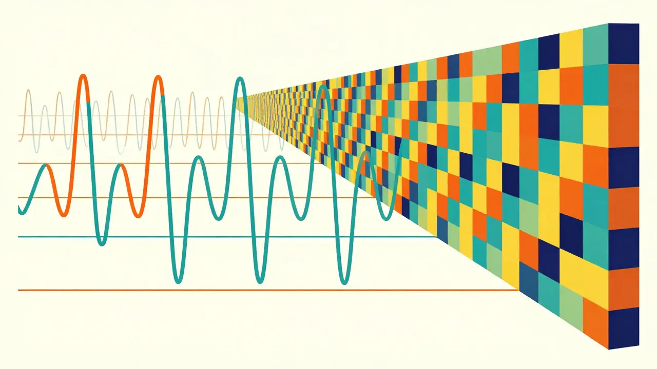 Graphic art contrasting infinite sine waves with rigid block grids for positional encoding.