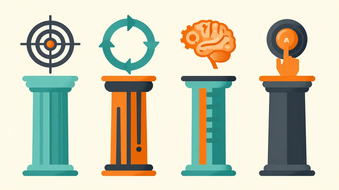Graphic art of four pillars representing goal, autonomy, reasoning, and action