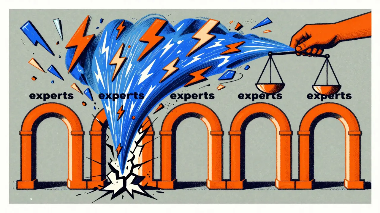 Graphic art showing data tokens being balanced across multiple expert archways.