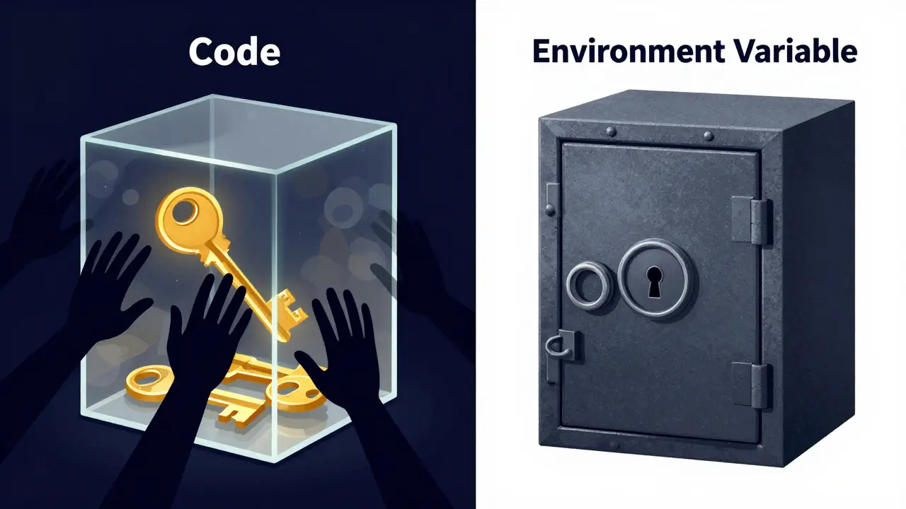 Graphic metaphor showing exposed API keys in code versus secure storage in a safe.