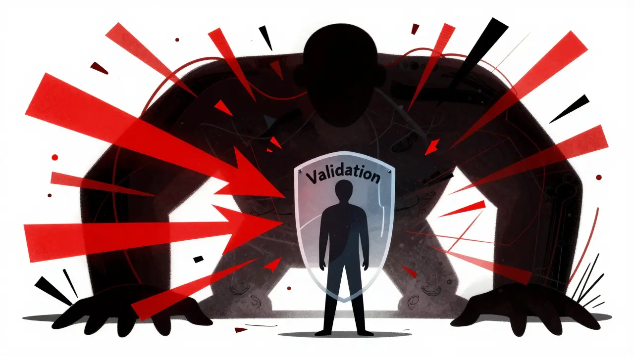 Human figure shielding against chaotic AI risks with a validation barrier