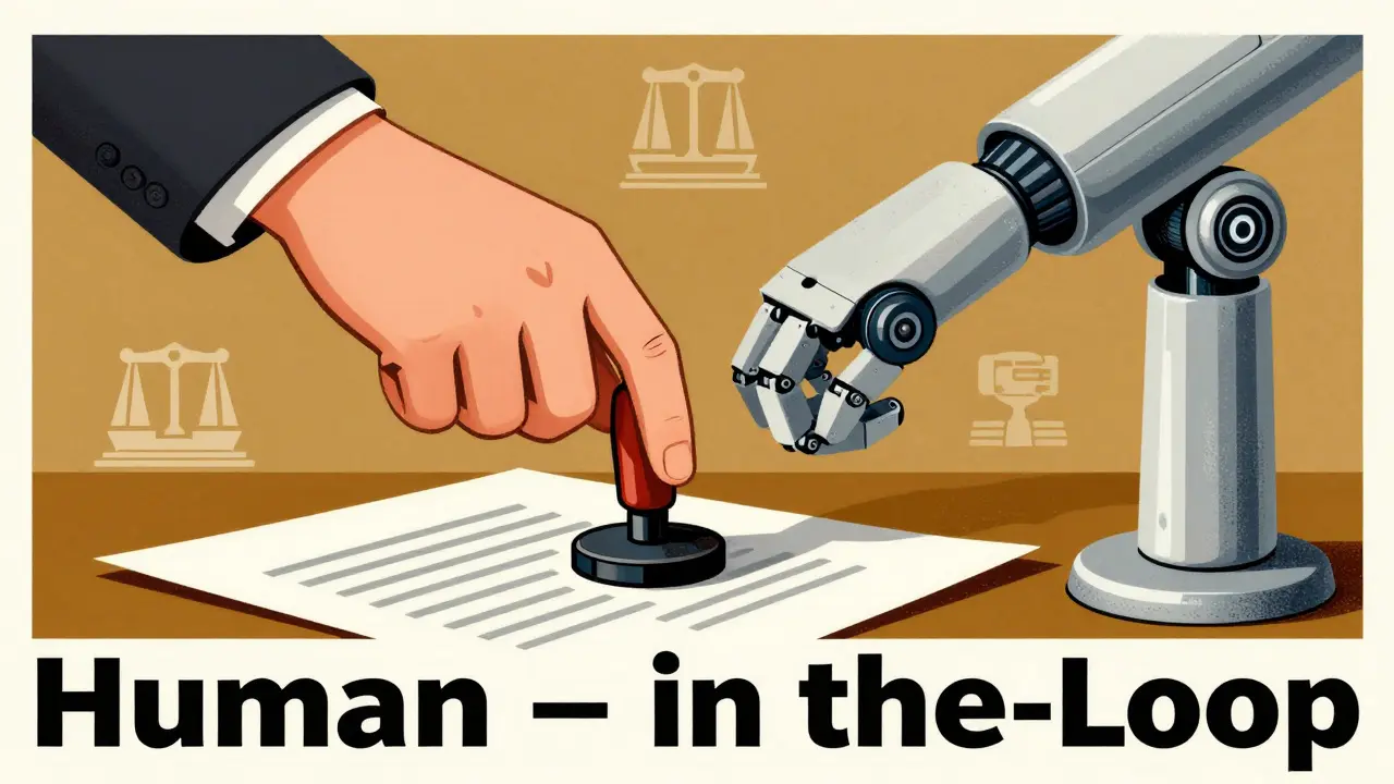 Human hand approving AI action in ethical governance illustration