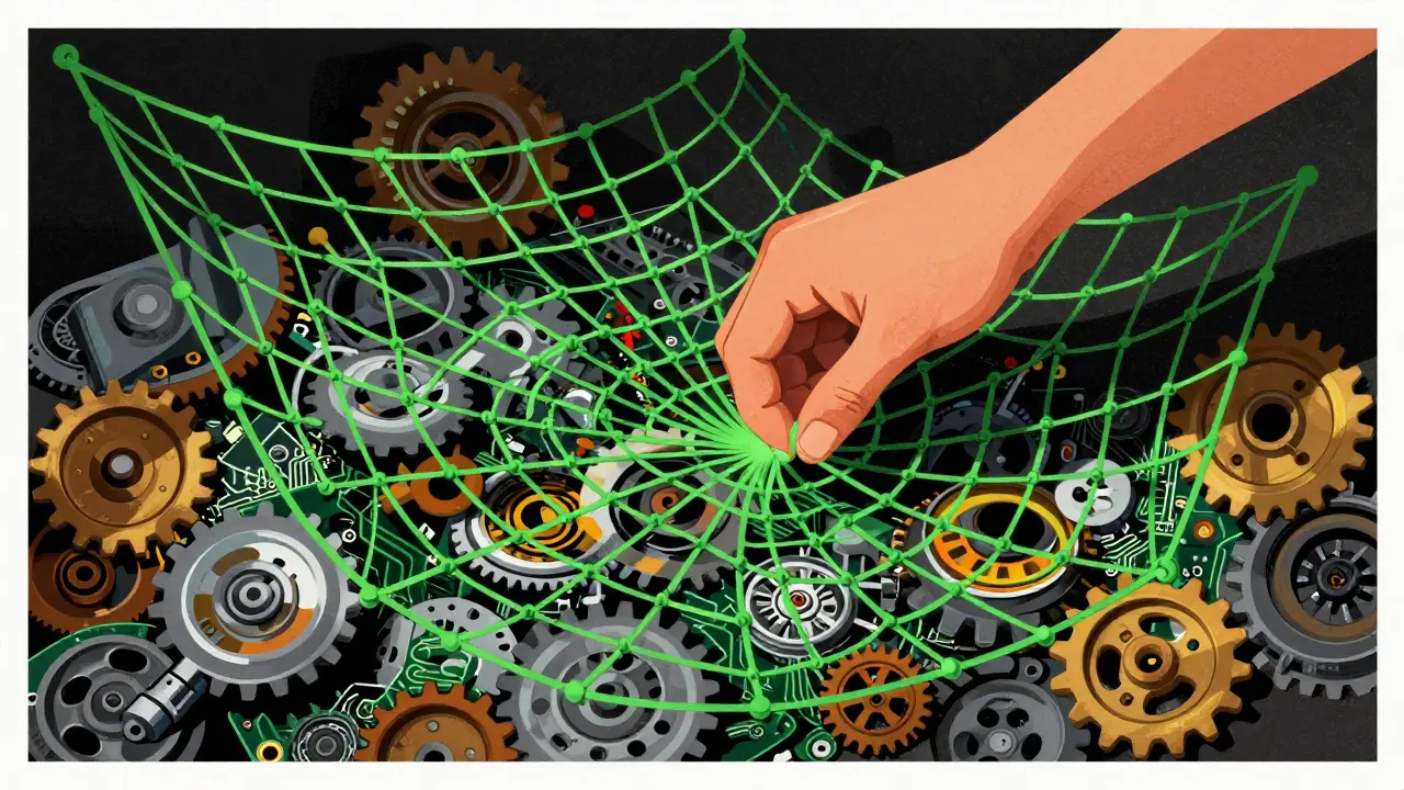 Human hand weaving a green safety net beneath chaotic mechanical gears and circuits.