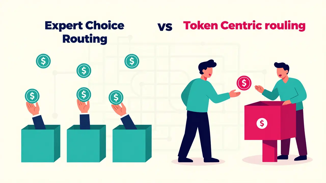 Illustration contrasting token choice and expert choice routing strategies.