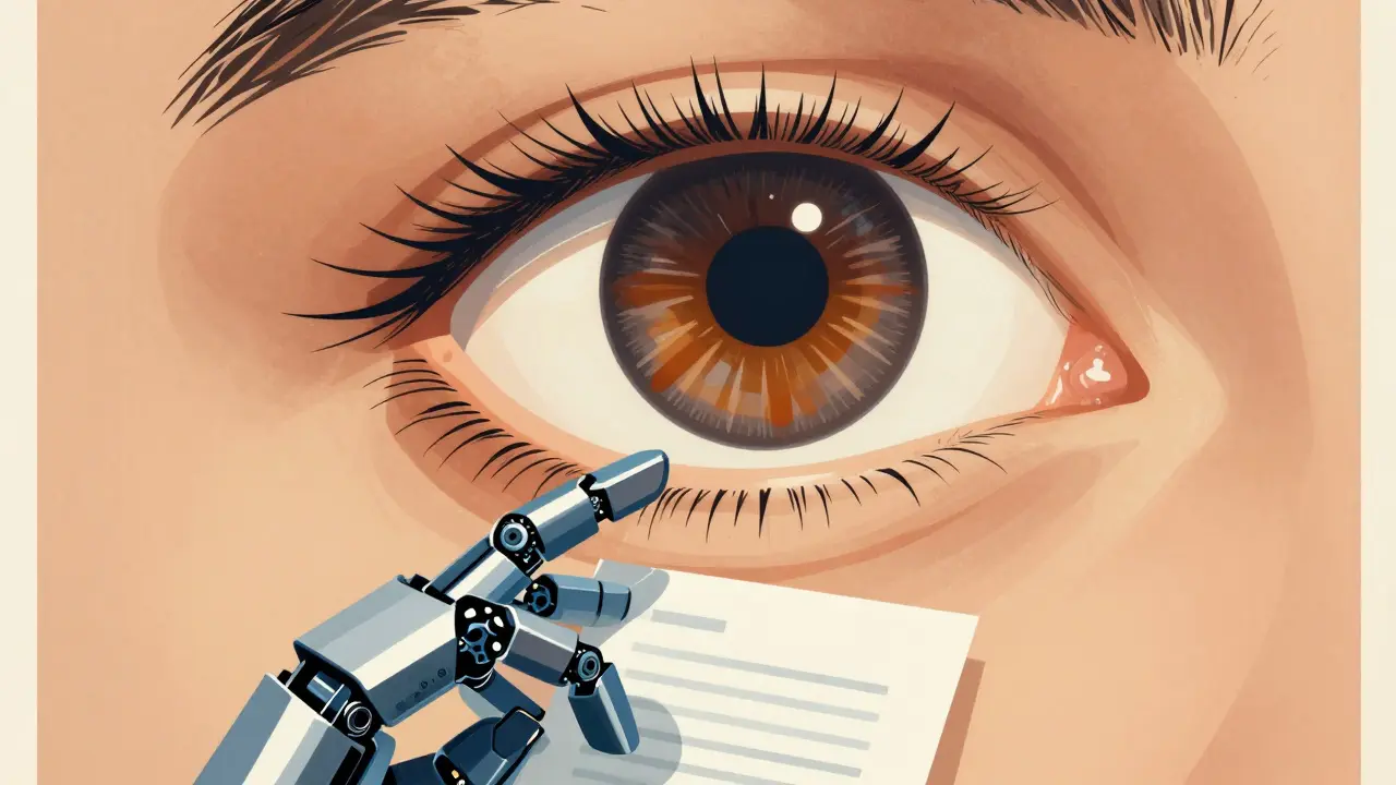 Large human eye scrutinizing a robotic hand holding a document