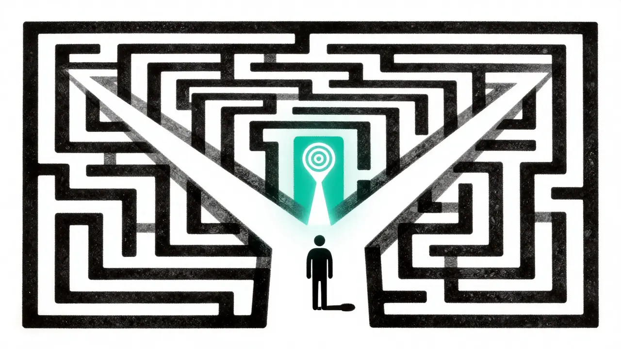 Maze dissolving into a direct arrow for intelligent call routing