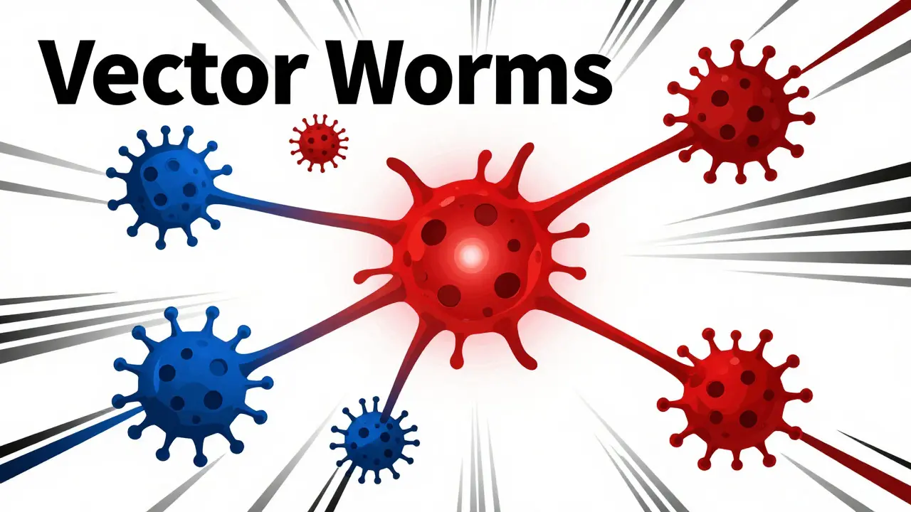 Network nodes turning red, illustrating self-replicating vector worm attacks.