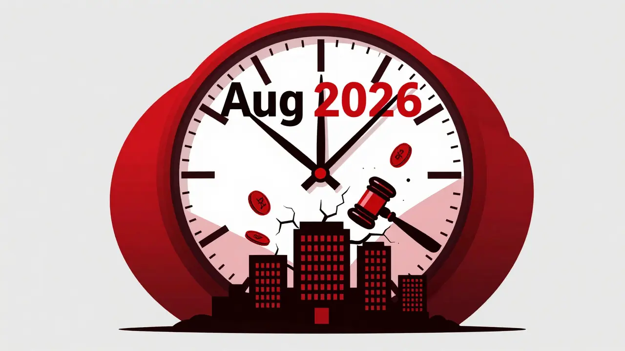 Ominous clock marking Aug 2026 deadline with falling coins symbolizing AI fines