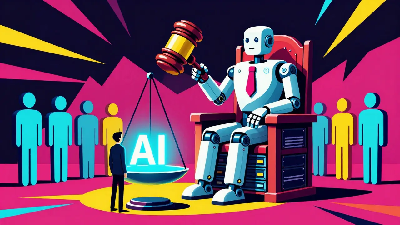 Robot judge with tilted scales favoring AI over humans