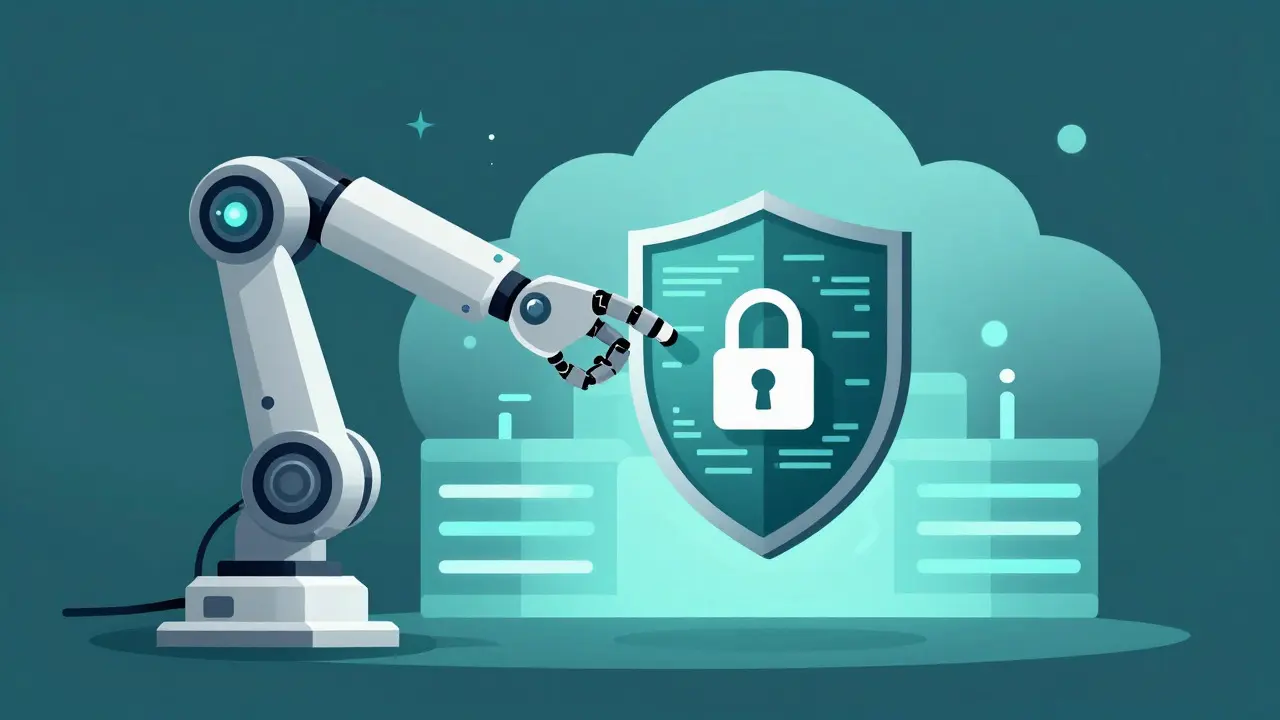 Robotic arm securing a digital shield against AI privacy threats