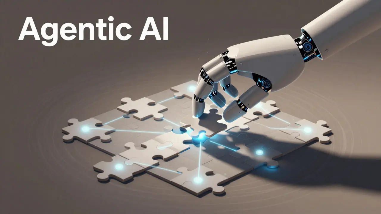 Robotic hand placing a piece in a glowing supply chain puzzle illustration