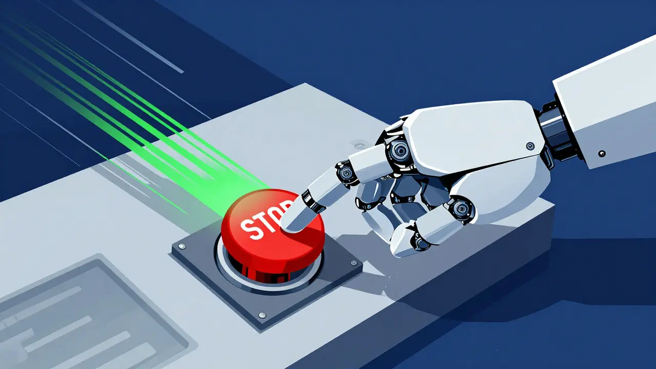 Robotic hand pressing stop button to halt malicious AI code