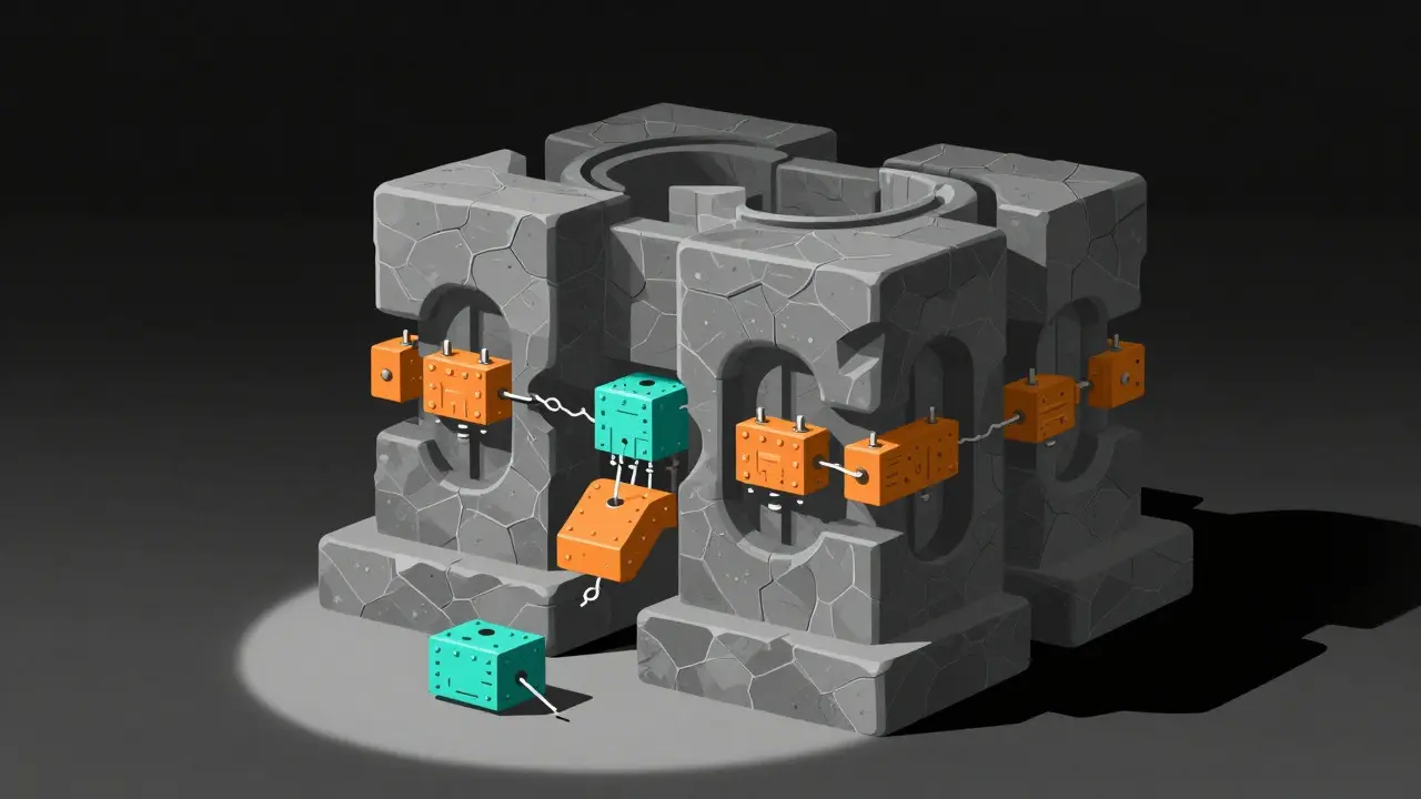 Small colorful modules fitting into a large grey structure, illustrating efficient fine-tuning