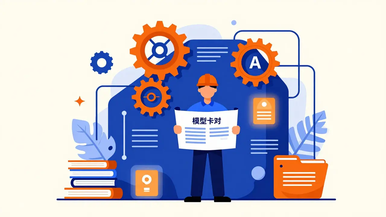 Stylized engineer managing AI model obligations like copyright and transparency labels