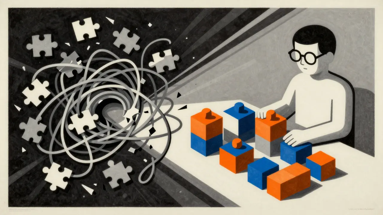 Stylized figure organizing tangled wires into neat colorful blocks, chaos to order.