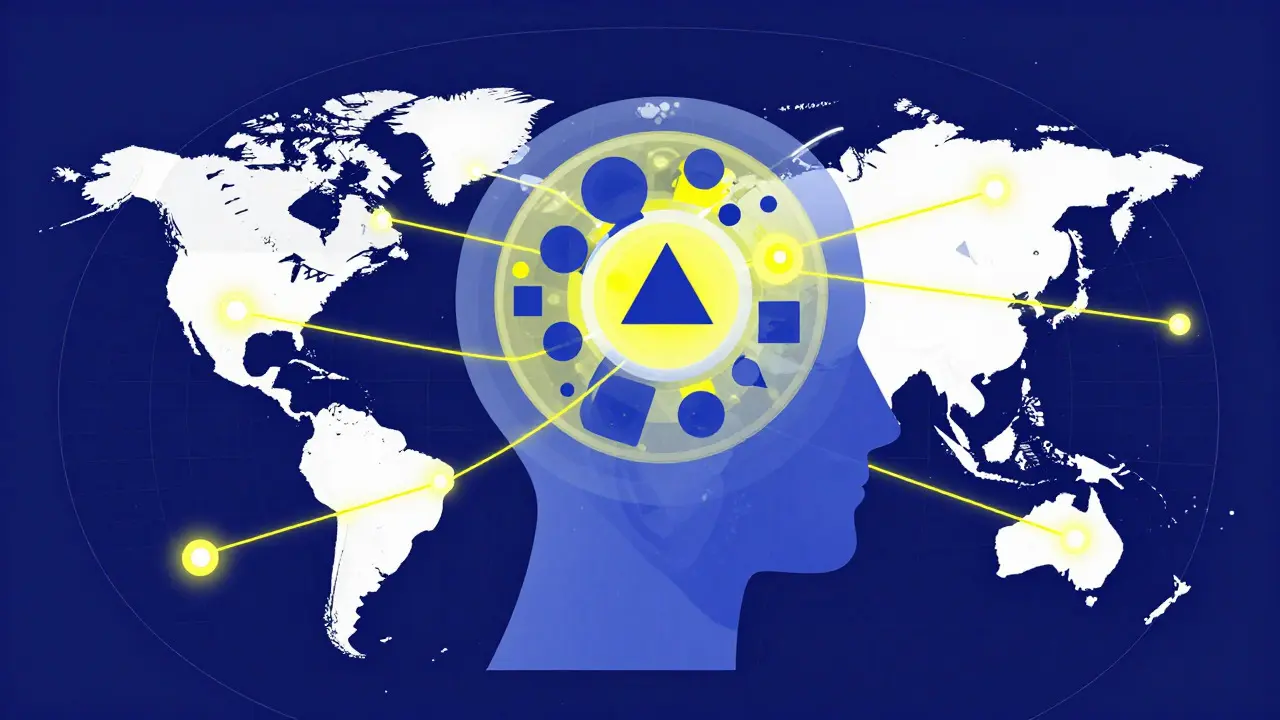 Stylized head with glowing connections mapping data relationships, representing self-attention