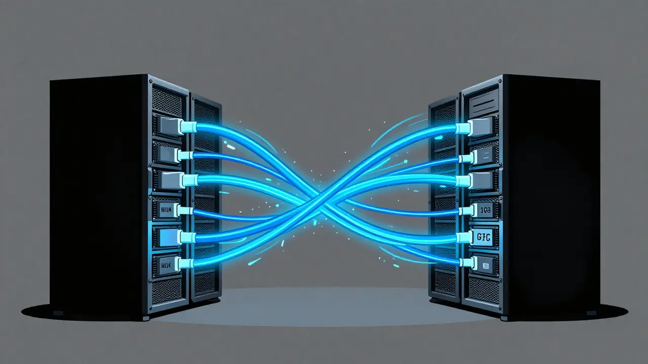 Stylized servers connected by glowing cables representing fast data links