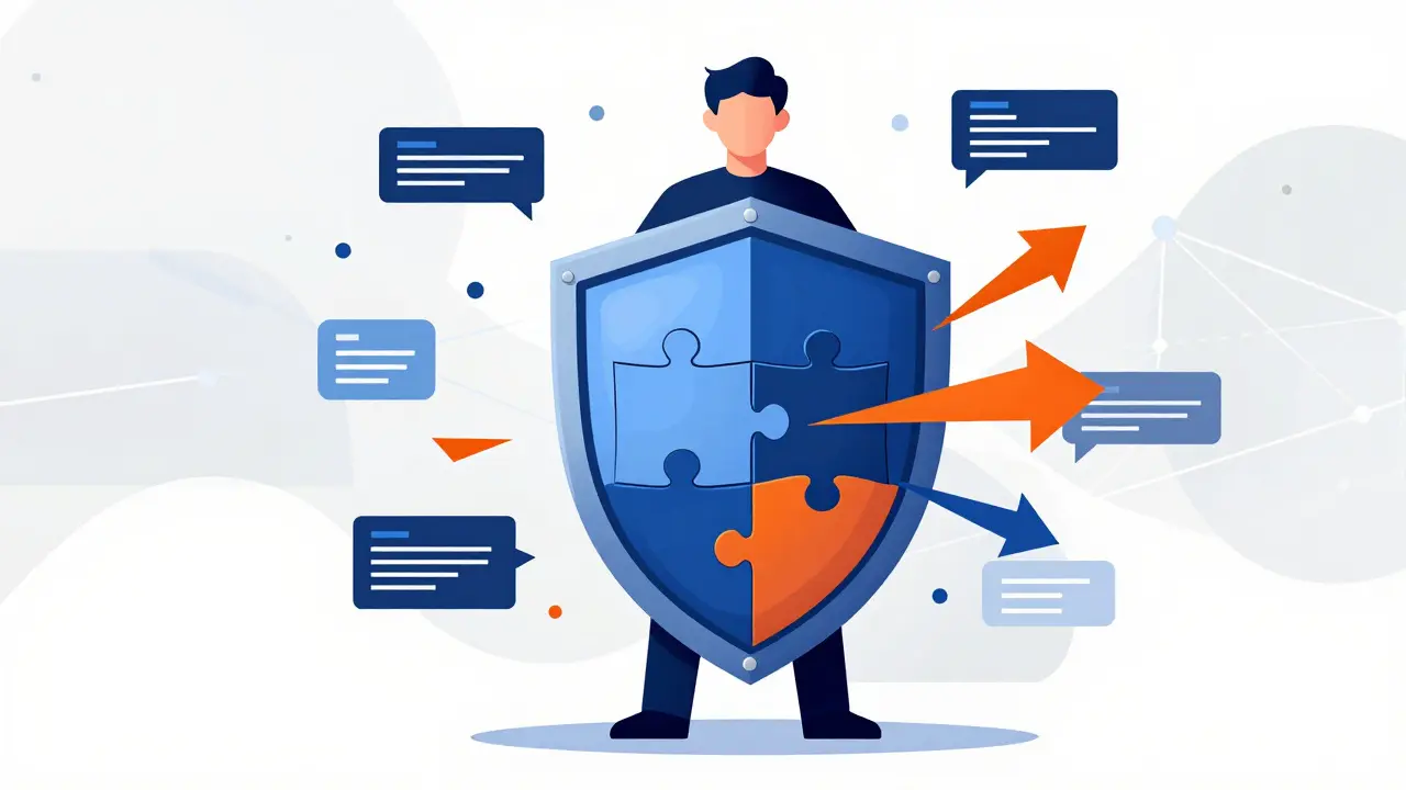 Stylized shield protecting a user from malicious scripts and cyber threats.