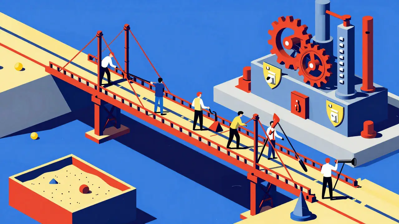 Stylized workers building a secure bridge between a sandbox and production facility.