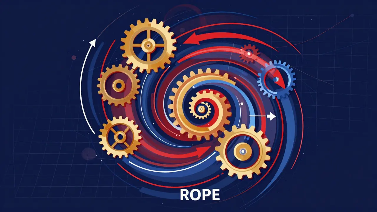 Surreal poster showing rotating gears and vectors symbolizing RoPE technology.