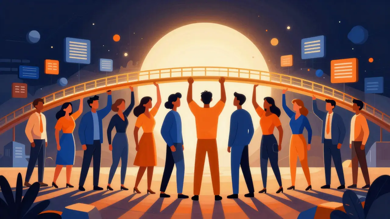 Team building a golden bridge over data blocks