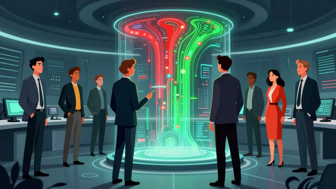 Team monitoring AI compliance on a holographic dashboard