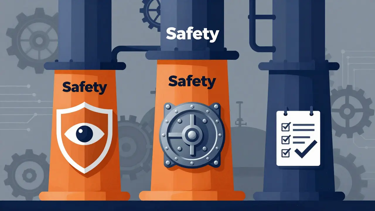 Three pillars representing AI safety principles in industry
