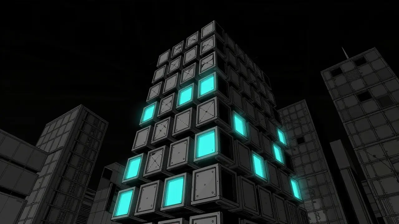 Towering modular structure with sparse illuminated sections