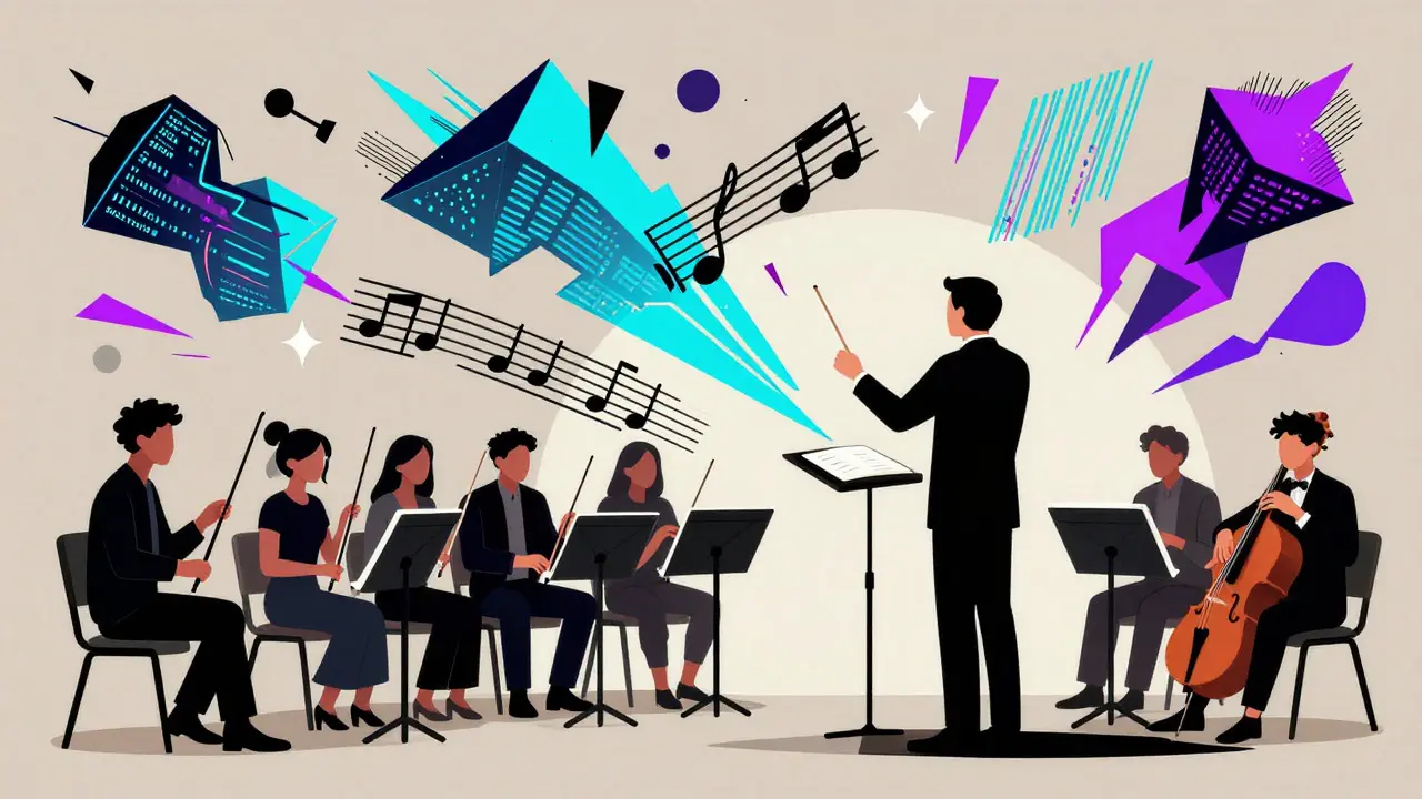 A conductor leading an orchestra made of digital code and abstract shapes, representing AI music creation.