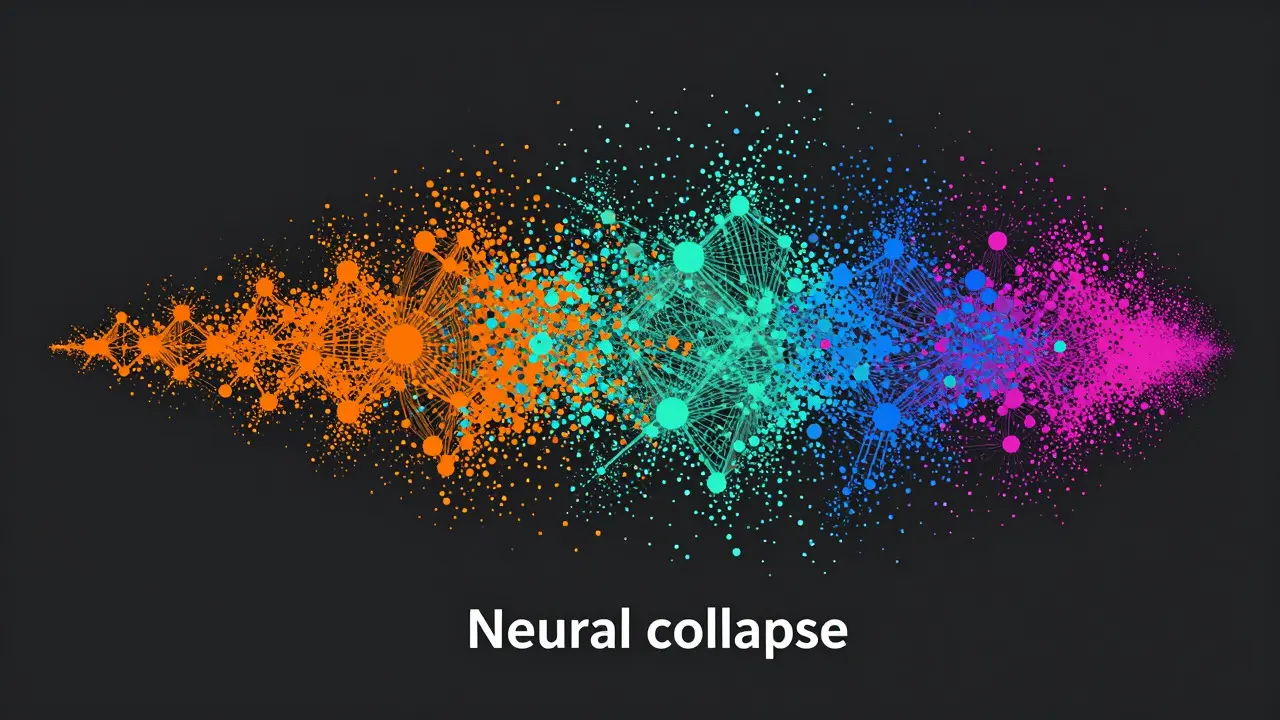Abstract art showing scattered dots converging into tight clusters, symbolizing neural collapse theory