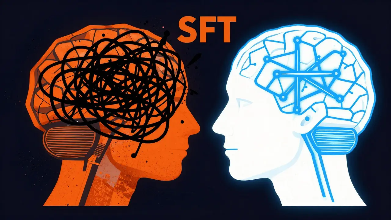 Abstract brains showing RL vs SFT training effects