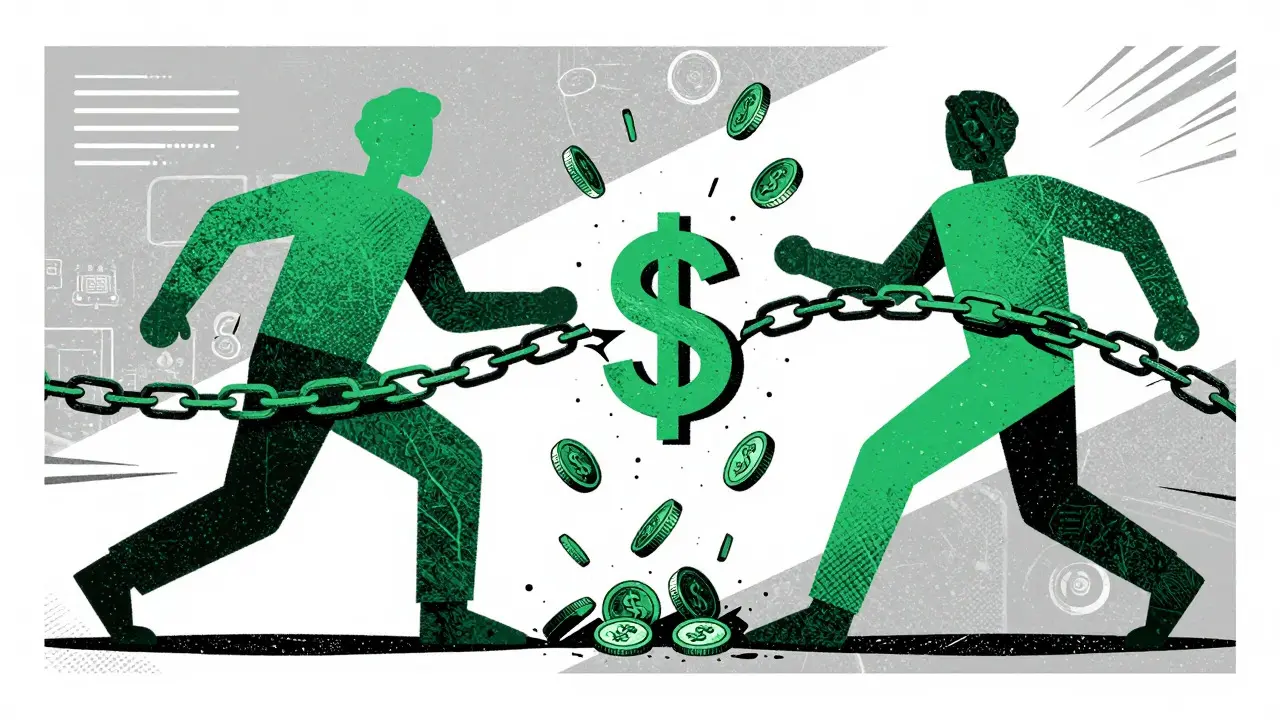 Abstract figures breaking chains of coins to save money