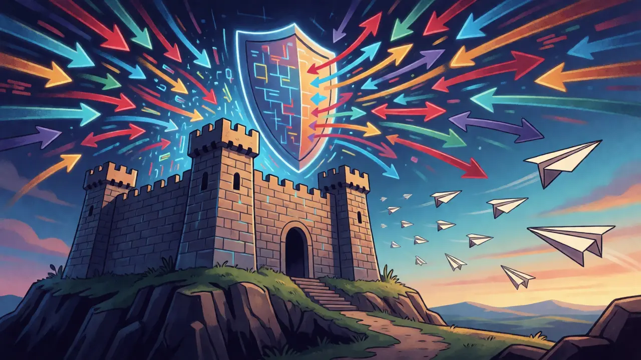 Abstract illustration of a digital castle protecting data while generic queries fly past to the cloud.