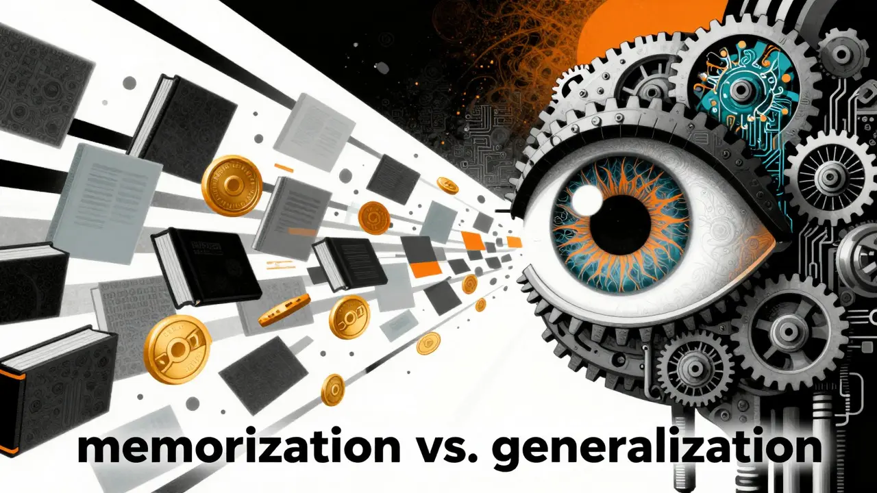 Abstract illustration of a mechanical eye analyzing golden and gray data tokens, symbolizing reasoning vs memorization.