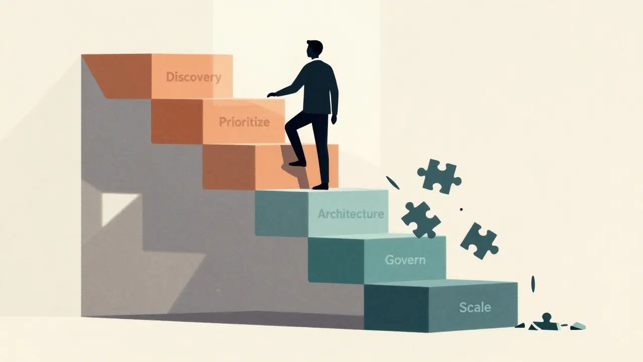 Abstract staircase representing AI implementation phases in graphic art